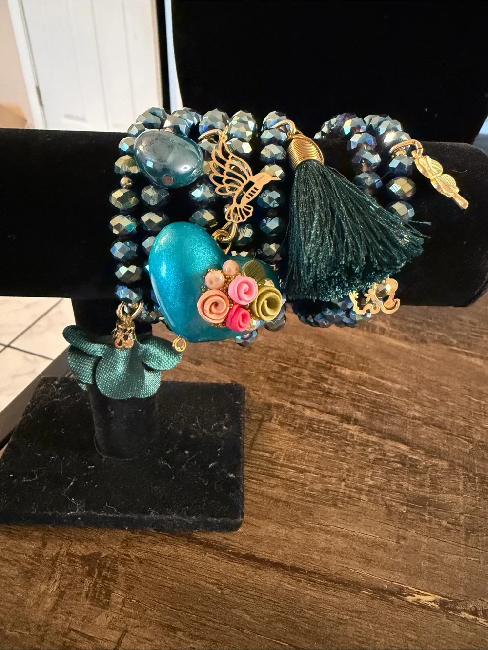 Teal Multi-Charm Beaded Bracelet Set with Tassel - Women Jewelry